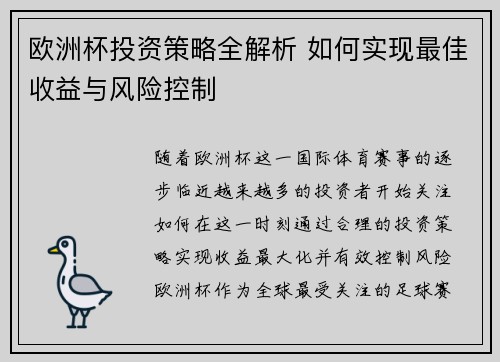 欧洲杯投资策略全解析 如何实现最佳收益与风险控制